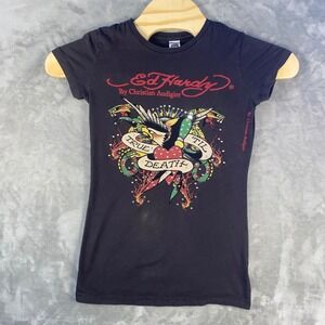 Ed Hardy By Christian Audigier Womens Black Graphic T Shirt Tattoo Art Size M